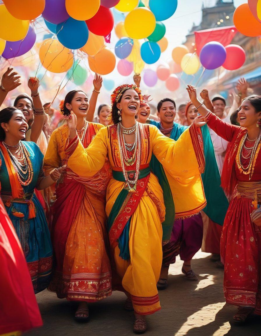 A vibrant scene of a diverse group of people celebrating together at a colorful festival. They are dressed in traditional outfits representing various cultures, smiling and dancing joyfully. Balloons and flags in bright colors fill the background, symbolizing national pride and unity. Sunlight bathes the scene, highlighting the expressions of happiness and togetherness. super-realistic. vibrant colors. festive atmosphere.