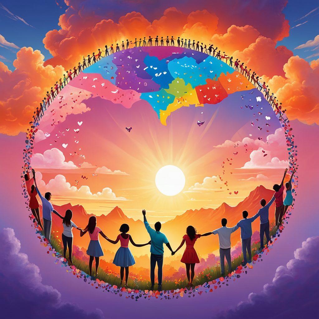 A diverse group of people from different backgrounds joyfully holding hands around a large map of the USA, symbolizing unity and positivity. Bright colors radiating from their hearts, illuminating cheerful expressions and spreading light. Clouds shaped like musical notes and hearts float above them, representing joy and good vibes. The scene is set outdoors in a park during a vibrant sunset. vibrant colors. 3D. uplifting atmosphere.